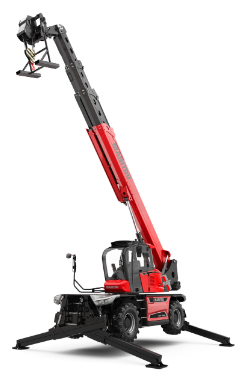 Chariot télescopique rotatif LUXLEV sur stabilisateurs, flèche déployée avec tablier porte-fourches